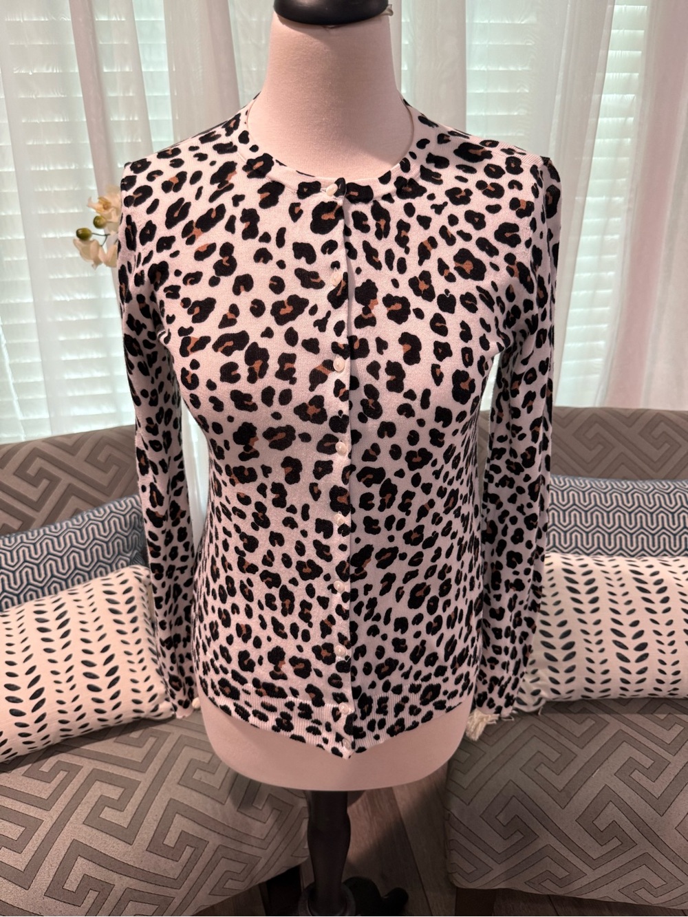 LOFT Cream Leopard-Print Button Cardigan with Black & Brown Spots